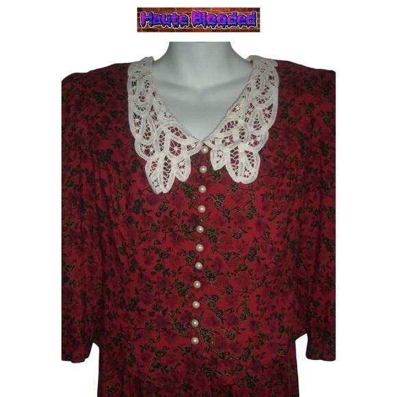 Vintage 80's Miss Dorby Red Flower Pearl Lace Prairie Dress Cottagecore Cottage - Picture 8 of 15